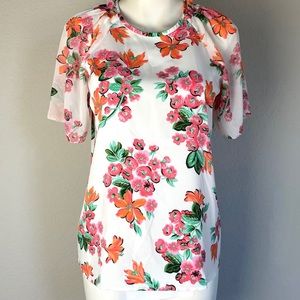 Ann Taylor Floral Short Sleeve Top XSP White